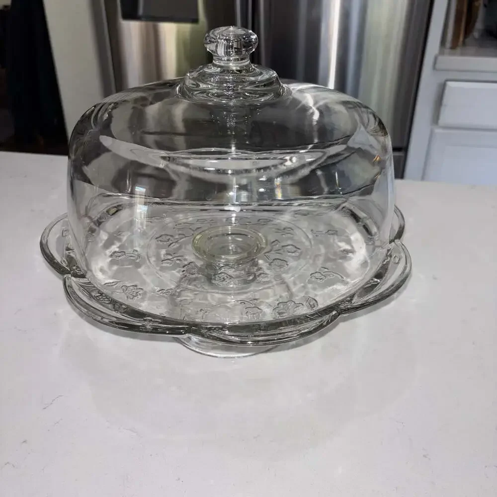 Anchor Hocking Savannah Clear Glass Cake Stand with Dome Lid Floral Scalloped